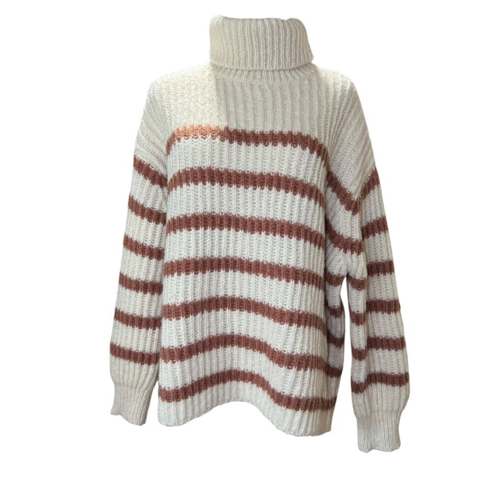 Sadie & Sage Cream Brown Striped Turtleneck Sweater M NWT | Chunky Rib Knit Pull